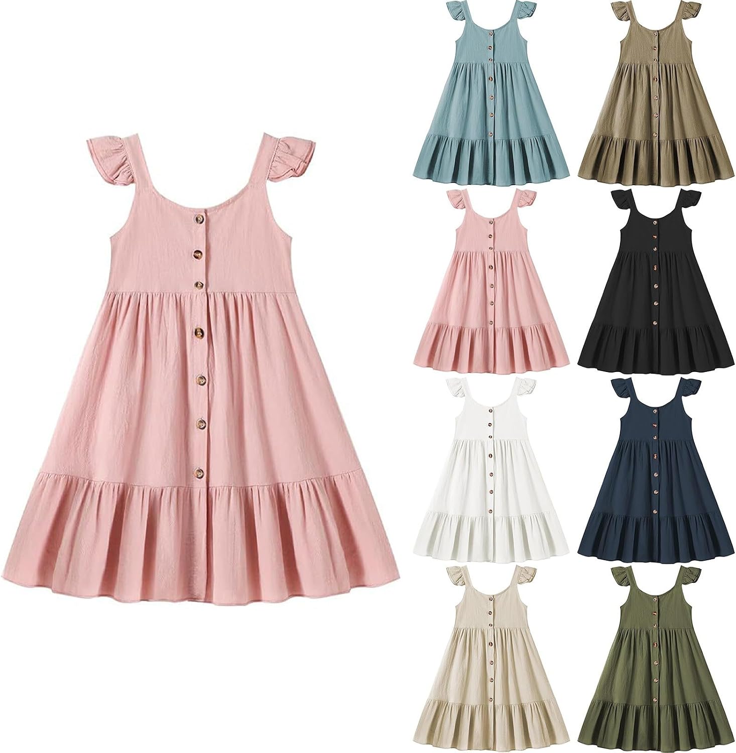 Girls Summer Dress Flying Sleeve Ruffle Flowy Casual Sundresses Kids Solid Summer Loose Dresses