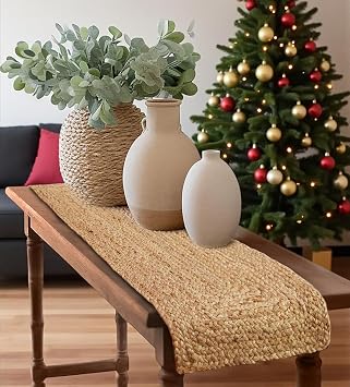 MDS Pack of 1 Handwoven Rectangle Jute Braided Table Runner 13 x 24 Inch, 100% Natural Reversible Farmhouse Rustic Vintage Dining Table Runner for Home Decor, Kitchen, Indoor & Covered Door Entrances