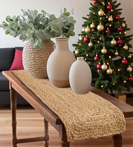 MDS Pack of 1 Handwoven Rectangle Jute Braided Table Runner 13 x 36 Inch, 100% Natural Reversible Farmhouse Rustic Vintage Dining Table Runner for Home Decor, Kitchen, Indoor & Covered Door Entrances
