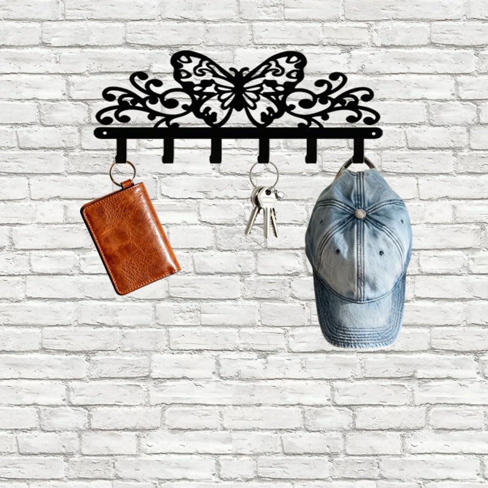 Butterfly 6‑Hook Black Metal Wall Rack, Entryway Organizer for Keys Coats Hats Towels Decor