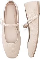 Soesyi Women's Square Toe Knit Flats - Comfortable Ballet Flats with Adjustable Ankle Strap for Office & Casual Wear