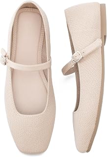 Soesyi Women's Square Toe Knit Flats - Comfortable Ballet Flats with Adjustable Ankle Strap for Office & Casual Wear
