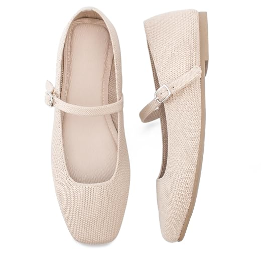 Knit Flats for Women Square Toe Flats Casual Ballet Flats with Ankle Strap,Mary Jane Shoes Women Comfortable for Dressy Office