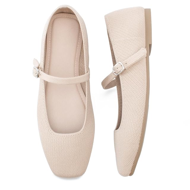 Knit Flats for Women Square Toe Flats Casual Ballet Flats with Ankle Strap Mary Jane Shoes Women Comfortable