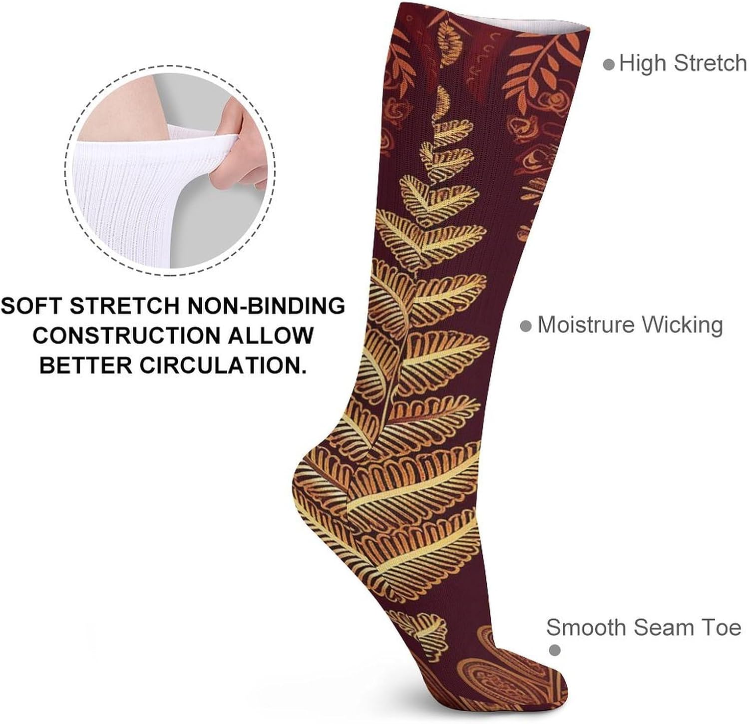 Breathable Crew Sock, Moisture Wicking, Athletic Calf Socks, Cozy | Maroon Gold Pattern Compression Socks for Women Men, Lightweight High Work Socks for Business, Casual