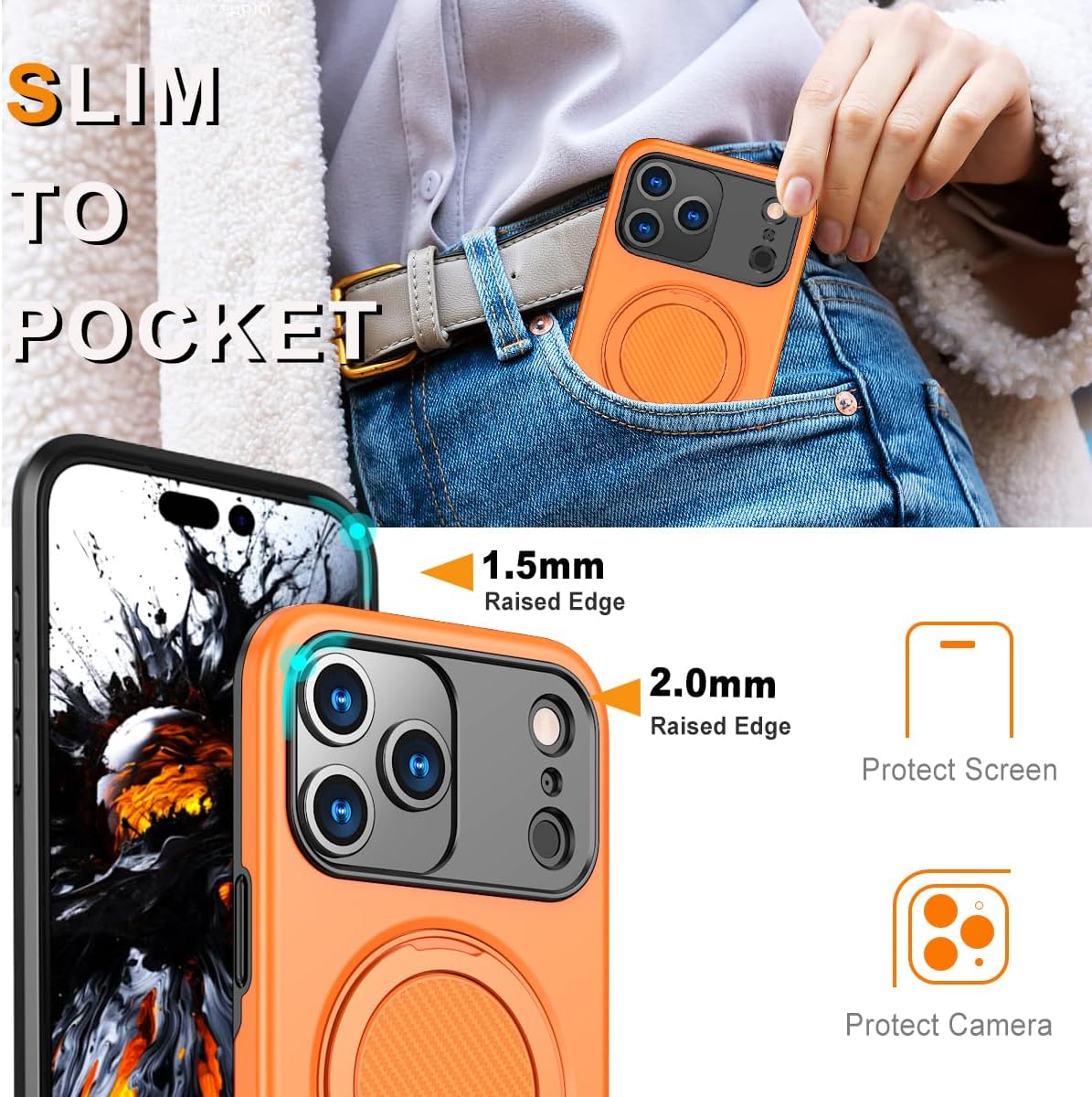 Case for iPhone 17 Pro Compatible with MagSafe with 360°Rotating Magnetic Stand Ring [Military Protection] Glossy Dual Layer Slim Case with 1 Screen Protector for iPhone 17 Pro 6.3"(Orange)