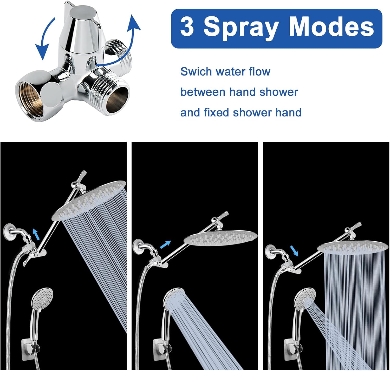 Solid Brass G1/ Shower Arm, 3-Way Diverter Vae for Handheld and