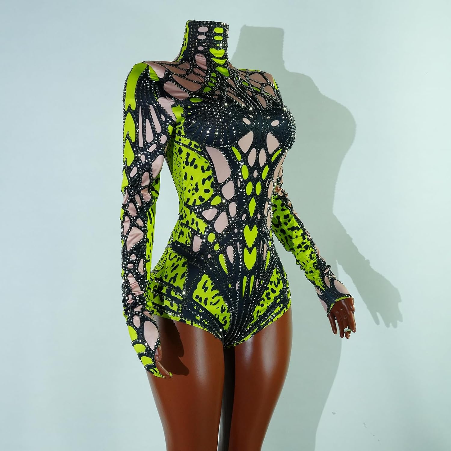 Tyian Rhinestone Fashion Hands Printed Long Sleeve Bodysuit Performance Singer Pole Dancing Club Birthday Show Stage Costume