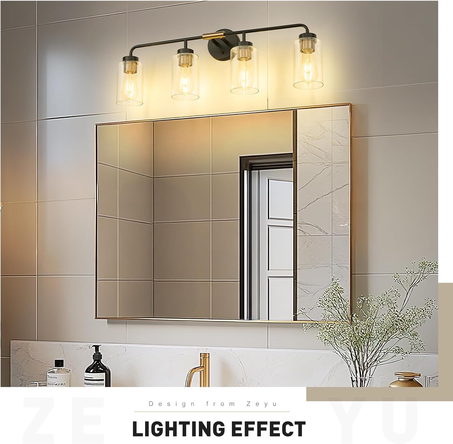zeyu Farmhouse 4-Light Bathroom Vanity Light, 30 Inch Bathroom Lights Over Mirror, Black and Gold Finish with Clear Glass, ZS62B-4W BK+BG