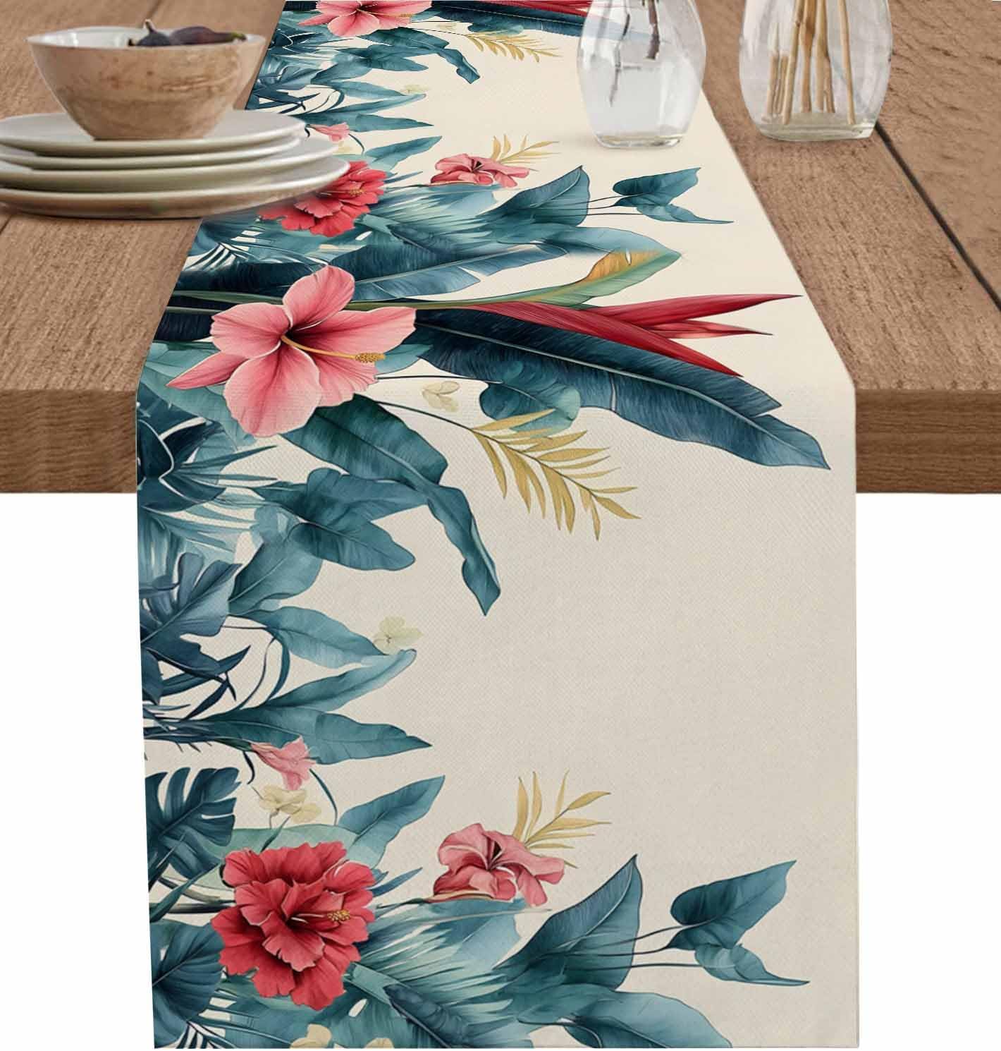 Tropical Plant Table Runner 13 x 72 Inches, Kitchen Table Runner Watercolor Palm Leaf Floral Summer Dresser Scarf/Cabinet/ Dinning Table Decor