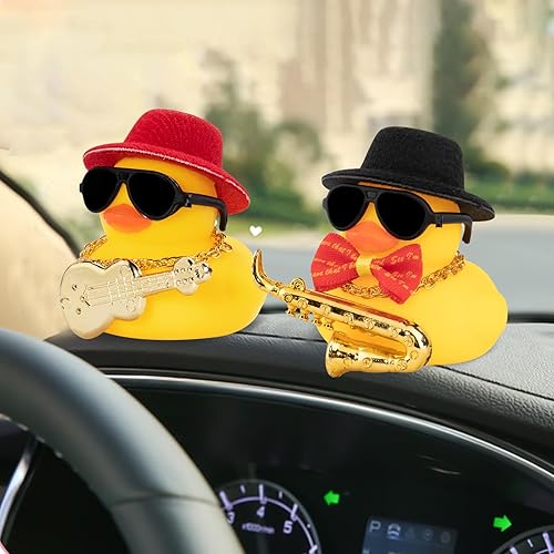 Miniatura 7 de wonuu Decoración de pato de goma para automóvil, accesorios de adorno para tablero de instrumentos musicales, mini sombrero, pajarita negra