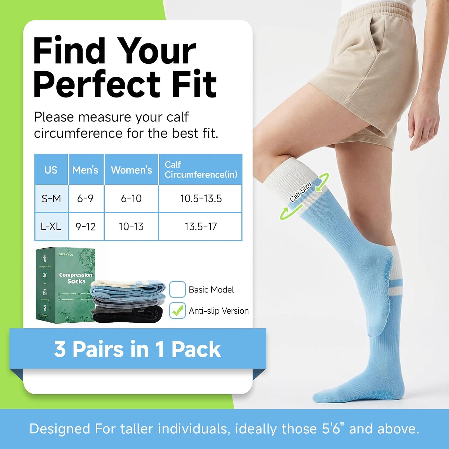 Bamboo Viscose Compression Socks - Knee-High Support for Nurses, Pregnancy, Travel (Regular/Non-slip)