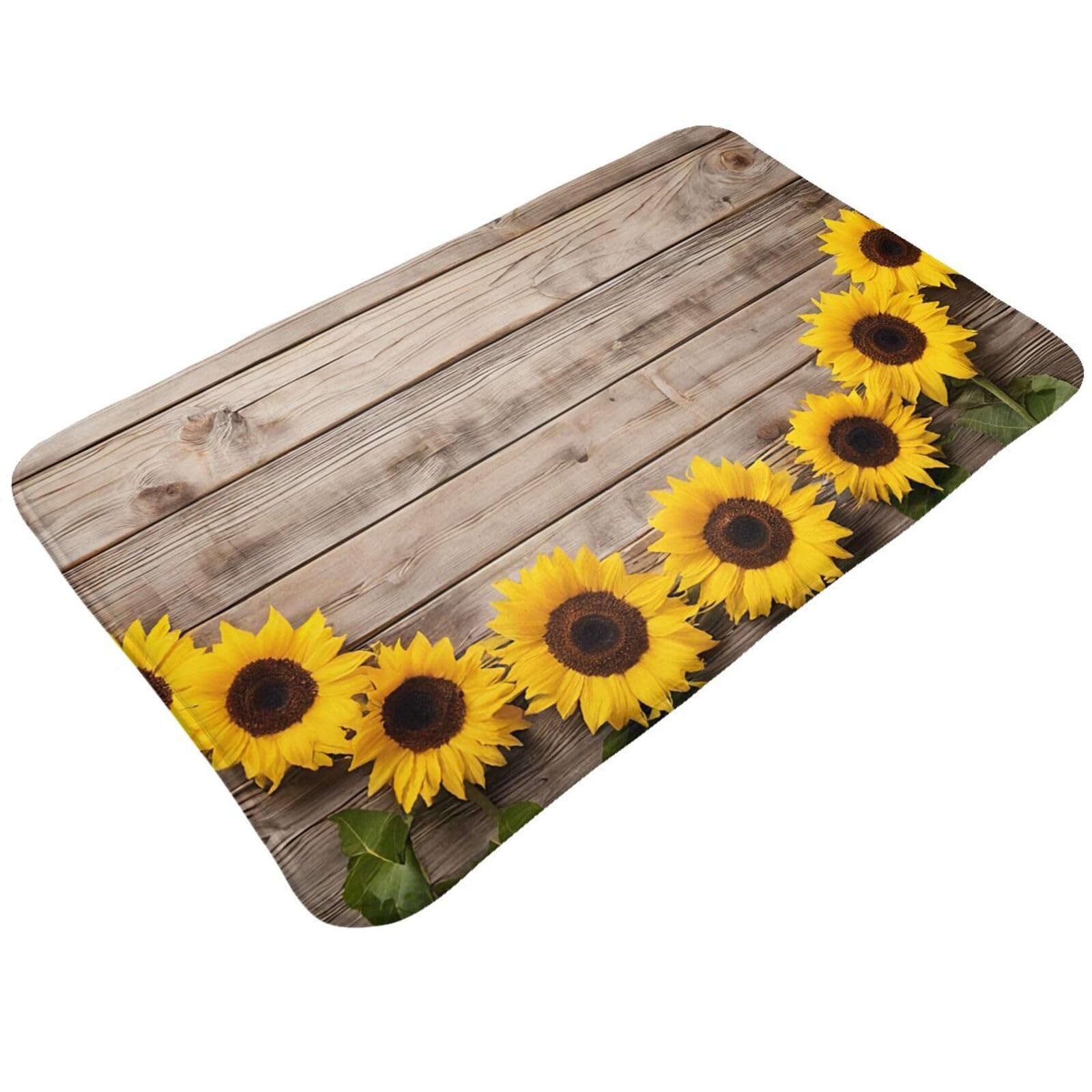 Sunflowers Wooden Board Print Living Room Bathroom Kitchen Anti Slip and Absorbent Carpet, Indoor Entrance Door Muddy Floor Mat, Ultra Soft Washable Carpet 21x31.5 Inches