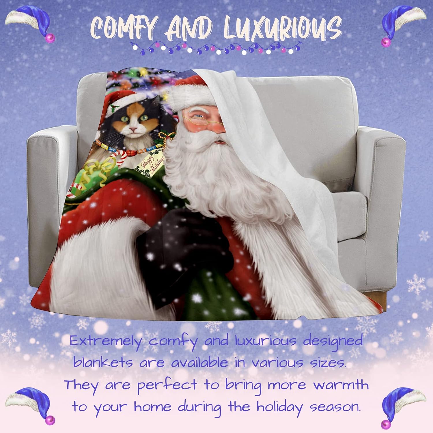 Doggie of the Day Calico Cat Blanket - Christmas Santa Carrying Presents - Super Soft & Warm Pet Theme for Sofa or Bed, Warm Fleece, Sherpa or Woven Material, BLNKT160309 (60x80 Fleece)