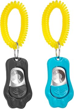 Dog Training Clicker with Sring Wrist and Keyring - Pet Dog 3 Modes of Volume Training Clickers for Puppy, Cat, Potty, Bird, Horse, Pet, Trainer Training Tools, Behavior Aids Black + Blue