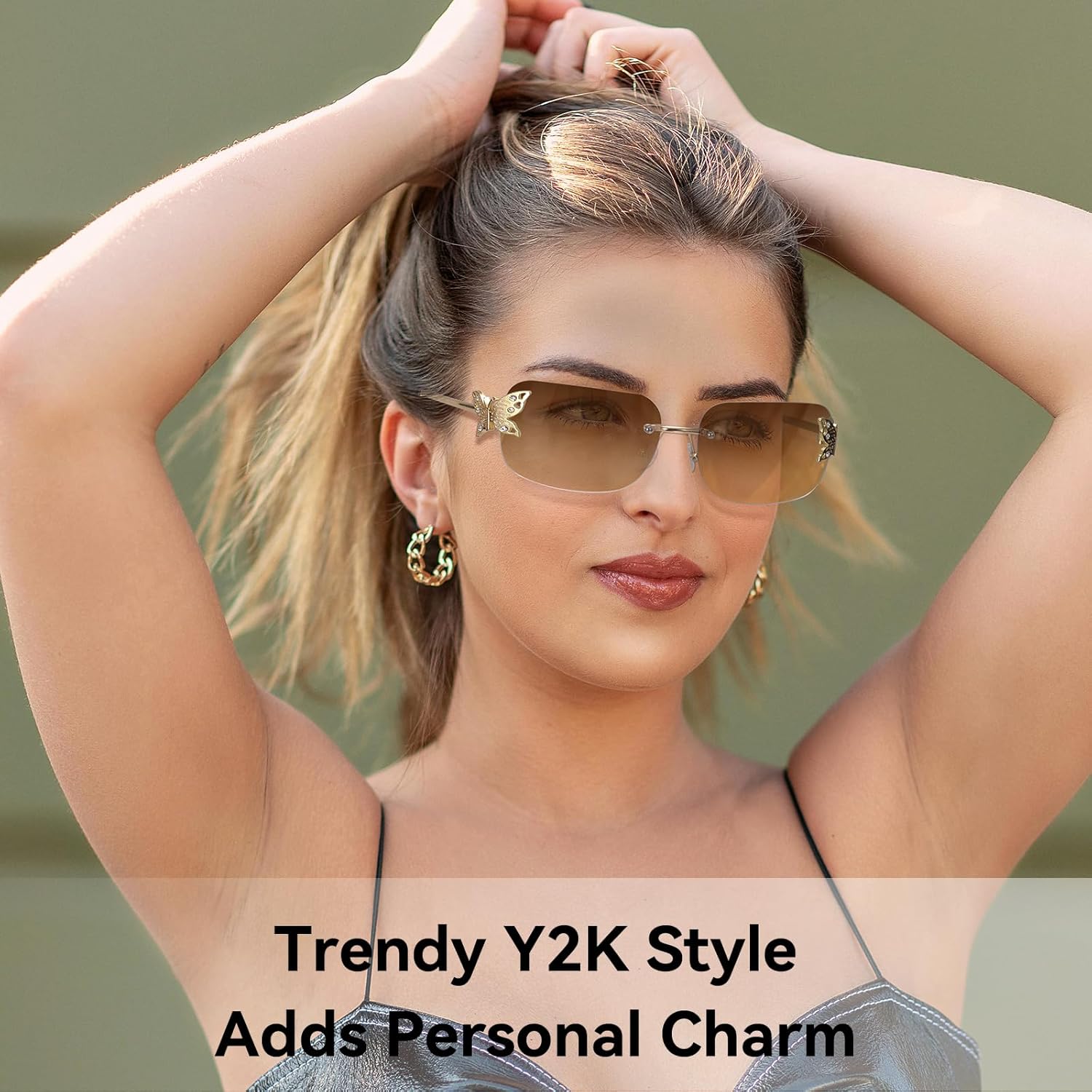 Dollger Rectangle Y2k Sunglasses for Women Fashion Rimless 2000s Square Brown Sun Glasses Butterfly 90s Cool Shades - Image 2