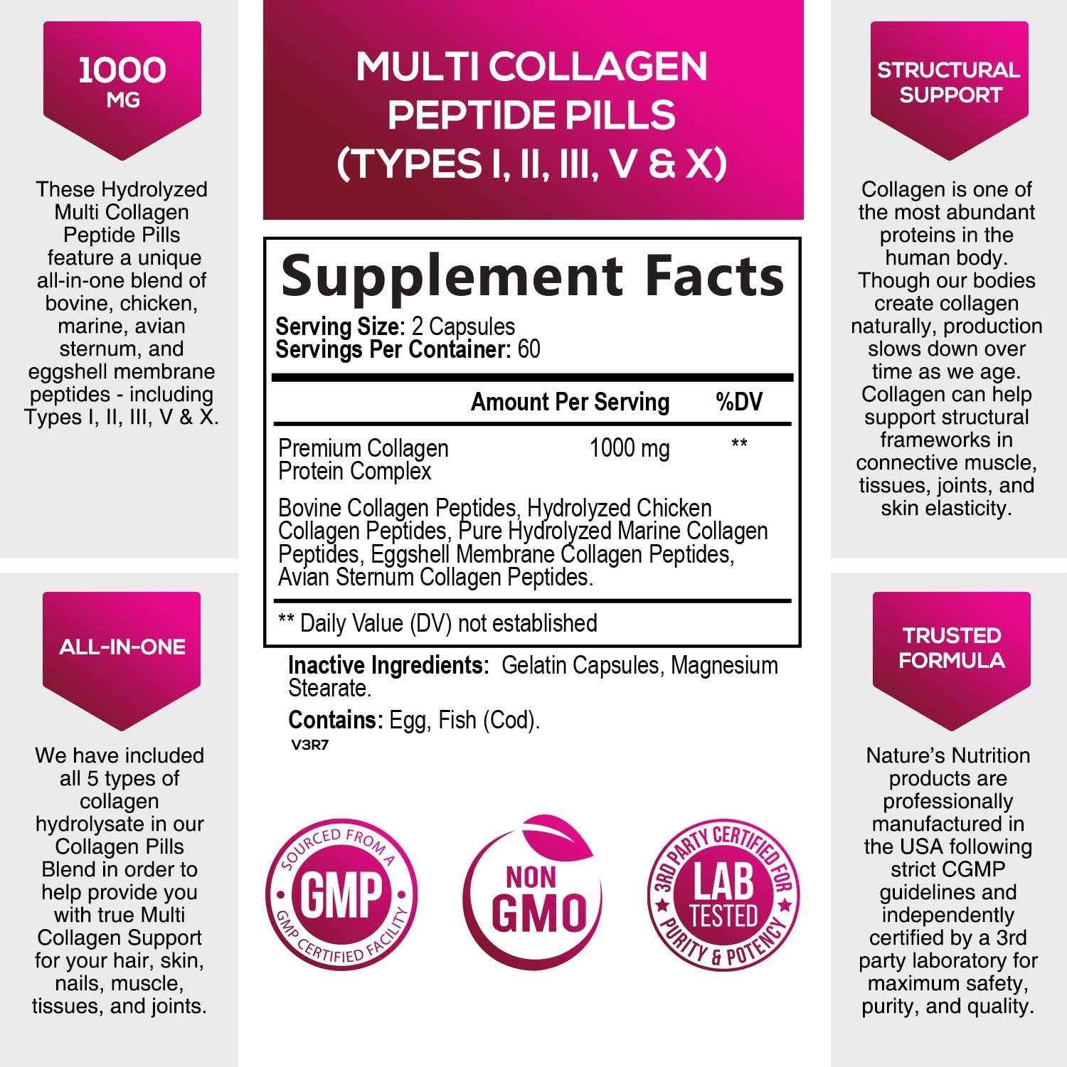 Collagen Capsules Multi Collagen Peptides 1000mg - Types 1, 2, 3, 5, 10 - Bottled in USA - High Absorption Hydrolyzed Collagen Protein Supplement for Hair, Skin and Nails - 120 Capsules : Health & Household