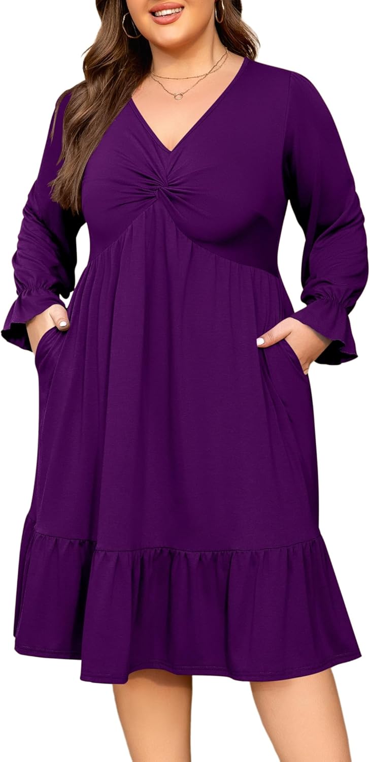 Women's Plus Size Dress Casual Long Sleeve V Neck Twist Knot Front Flowy Dress - Image 8