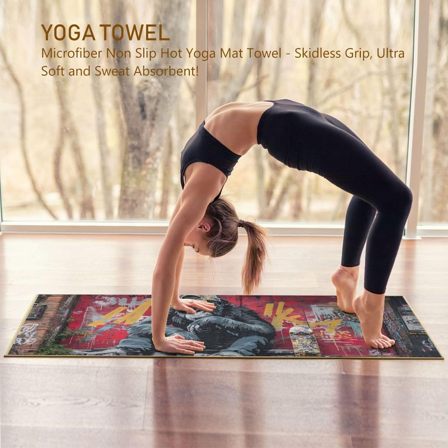 Hot Yoga Towel Monkey Skateboard – Stylish, Non-Slip, Grip Dots, Super Absorbent, 27" x 73" - Yoga Mat Towels for Exercise, Fitness