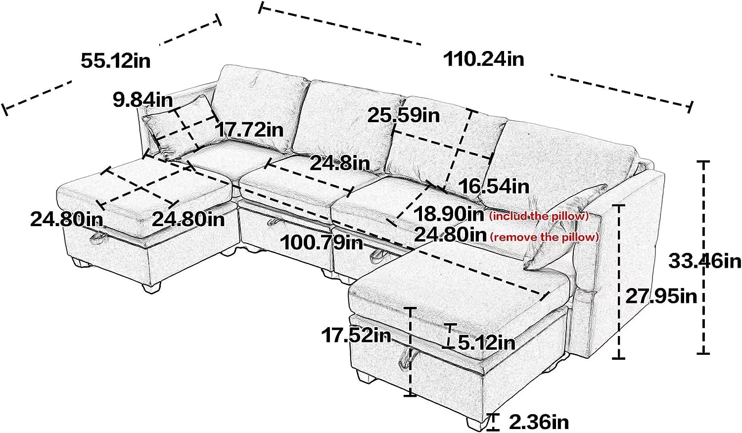 Free Combination Modular Sectional Sofa with Reversible Chaise