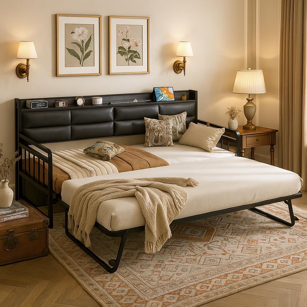 Homieasy Daybed with Trundle, Twin Day Bed with Upholstered Headboard and Charging Station, Metal Twin Sofa Bed Frame Pop-up Trundle Bed for Bedroom and Guest Room, Black