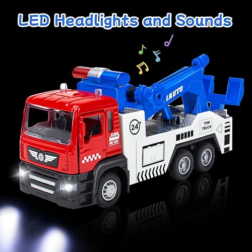 Miniatura 2 de Camión de remolque de juguete con 2 mini coches de juguete, vehículos con luces y sonido transportador de juguete, camión de remolque de metal