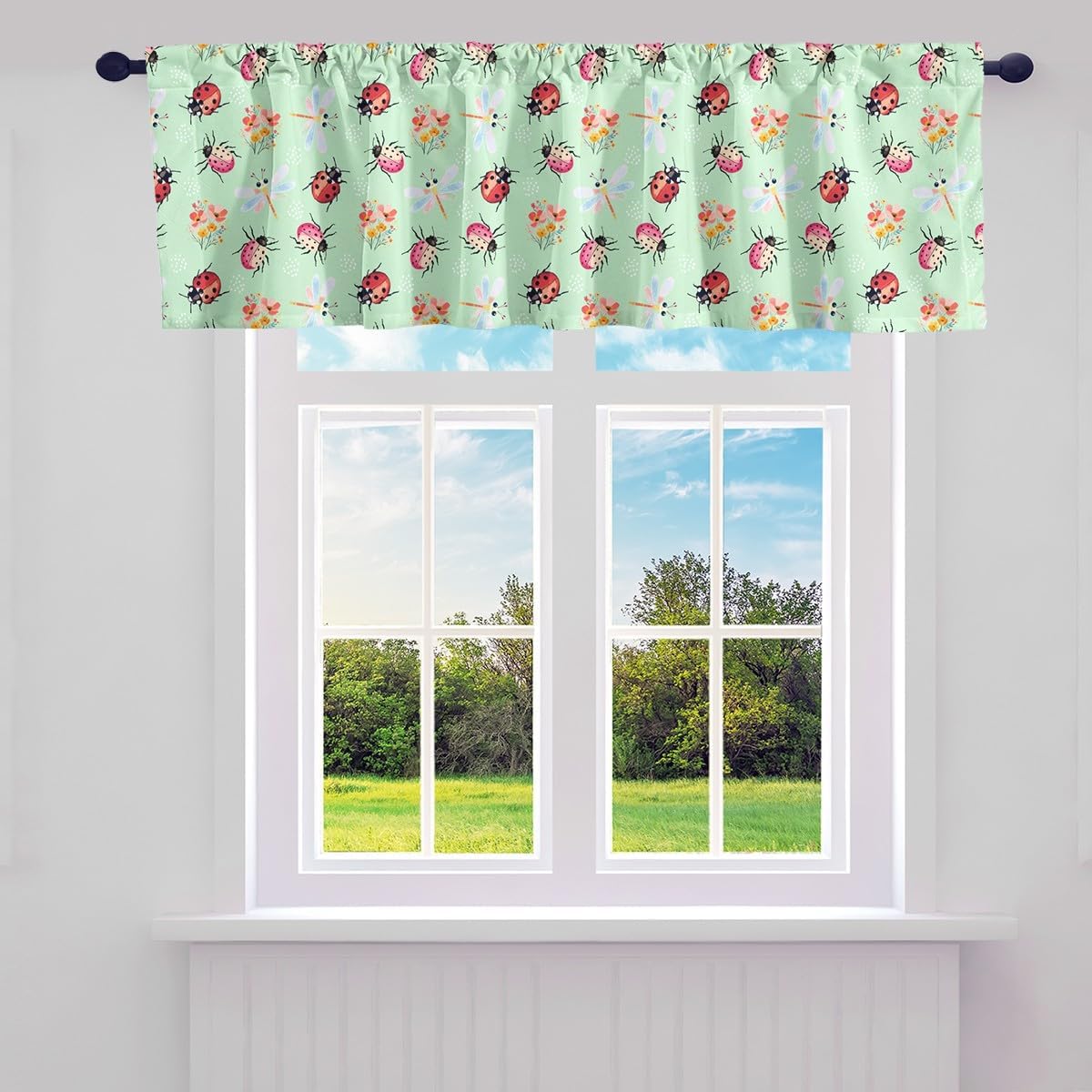 Erosebridal Cartoon Ladybug Window Curtains,Cute Dragonfly Valance Curtains for Kids Teens,Kawaii Florals Print Blackout Valances for Girls Green,52" W X 12" L