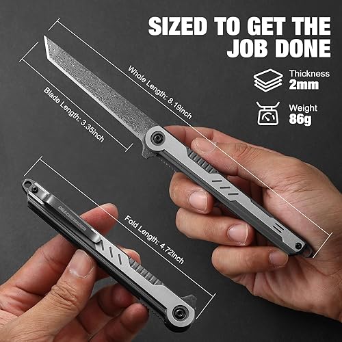 Miniatura 8 de Cuchillo de bolsillo de Damasco Cool Tanto Cuchillos para hombres Hecho a mano Cuchillo de bolsillo plegable de Damasco, pequeño EDC Slim Gentleman