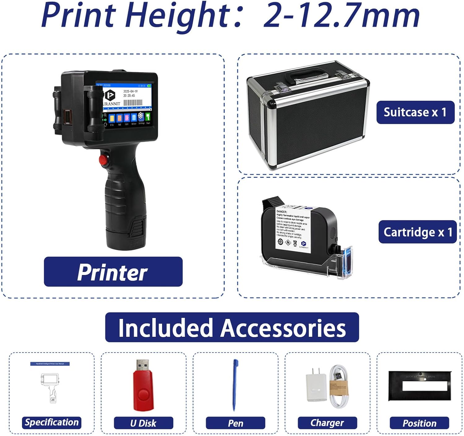 Handheld Inkjet Printer E55 with W6900K Ink Cartridge, Portable Handheld Printer Gun 0.5 Inch Nozzle with Suitcase for Serial Numbers Logo DIY QR Code barcodes, Print on Carton Plastic Metal