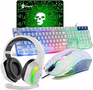 LexonElec Gaming Keyboard & Mouse & Headset & Mouse Pad Combo, QWERTY UK Layout 100% Mechanical Feel Keyboard+PC Gaming Cap+RGB Headphones, Wired LED Backlit 4 in 1 Pack-White