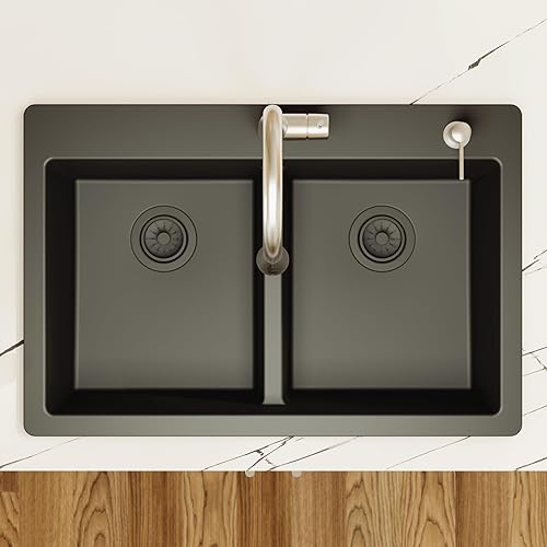 Miniatura 6 de QT-810 - Fregadero de cocina de doble cuenco compuesto de cuarzo negro de 33 pulgadas, divisor bajo 5050, 80% cuarzo natural, resistente al calor de
