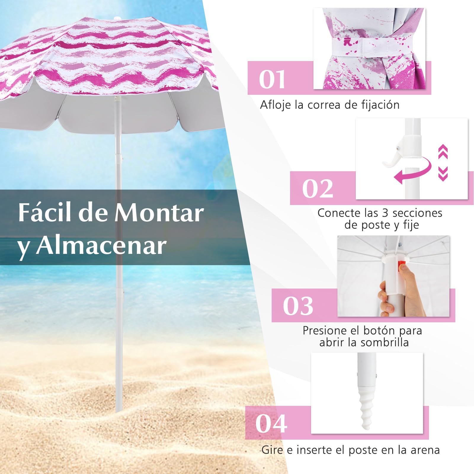 COSTWAY 2 Sillas Playa con Sombrilla y Manta de Picnic, Inclinable de 30°, Sillas Pórtatil Ligera con Portavasos, Bolsa de Transporte, Camping Picnic Jardin Terraza (Rosa)