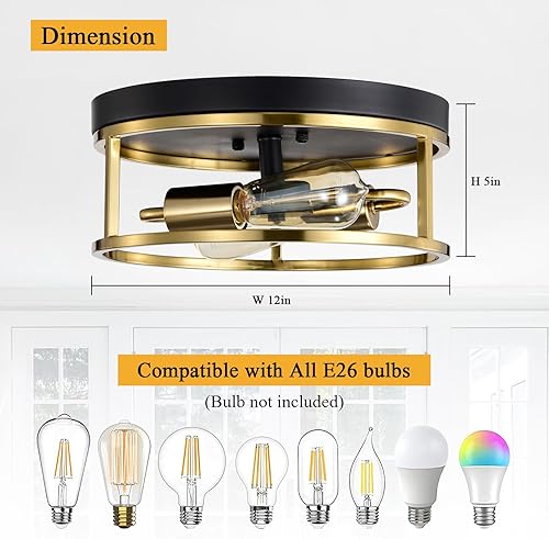Miniatura 3 de Lámpara de techo de 12 pulgadas, iluminación de montaje empotrado, redonda, acabado de metal dorado, lámpara de techo vintage retro y moderna con