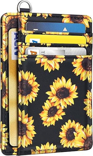 Vista 13 de Cartera delgada para mujer, tarjetero de crédito RFID, carteras minimalistas, con ventana de identificación, tarjetero con llavero, Libélula, Delgado