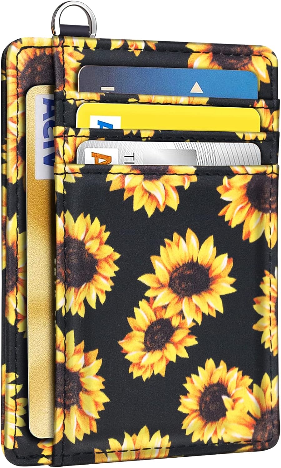 Cartera delgada con bolsillo frontal RFID para tarjetas de identificación, bonita cartera pequeña con llavero para mujer