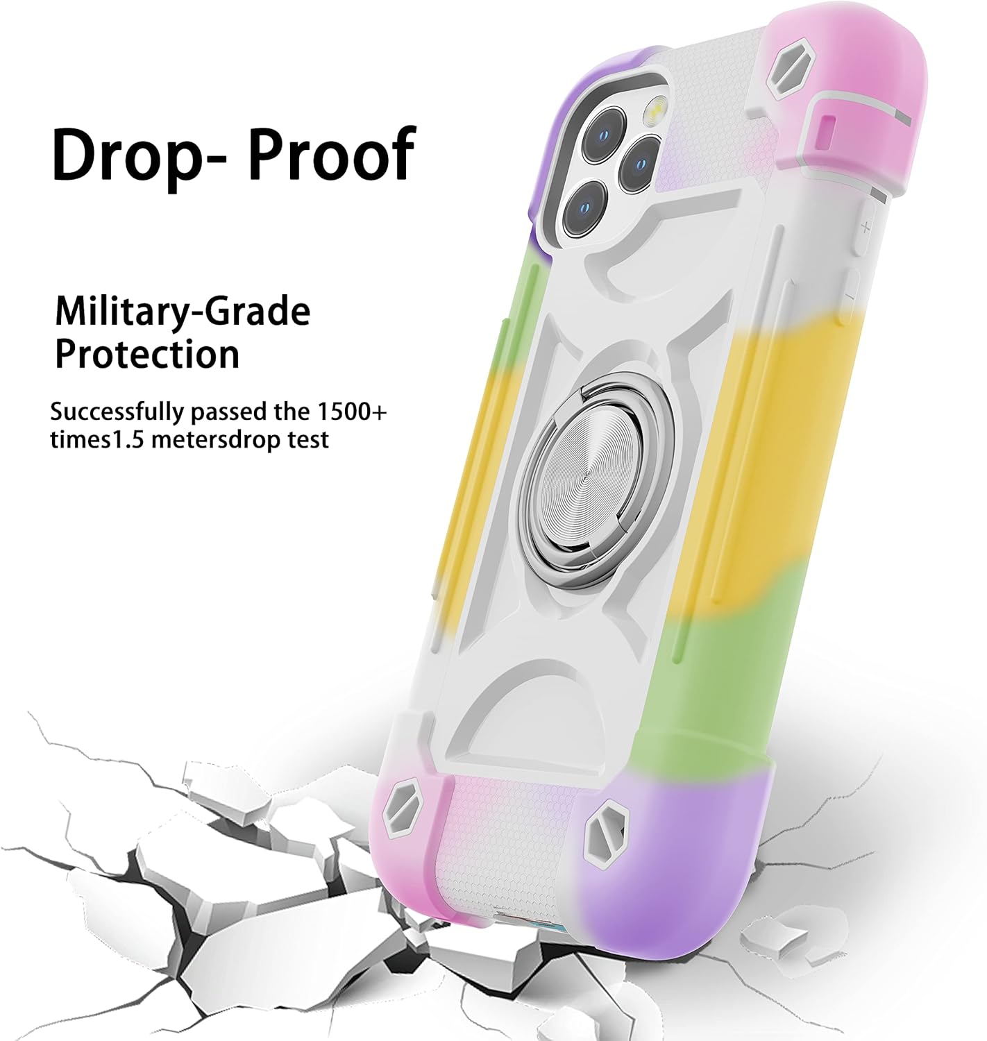 for iPhone 12 Pro Max Case 6.7 Inch with Ring Stand, with 2 Pack Glass Screen Protector + 1 Pack Camera Lens Protector,Heavy-Duty Shockproof Cover for iPhone 12 Pro Max (Rainbow White) - Image 5