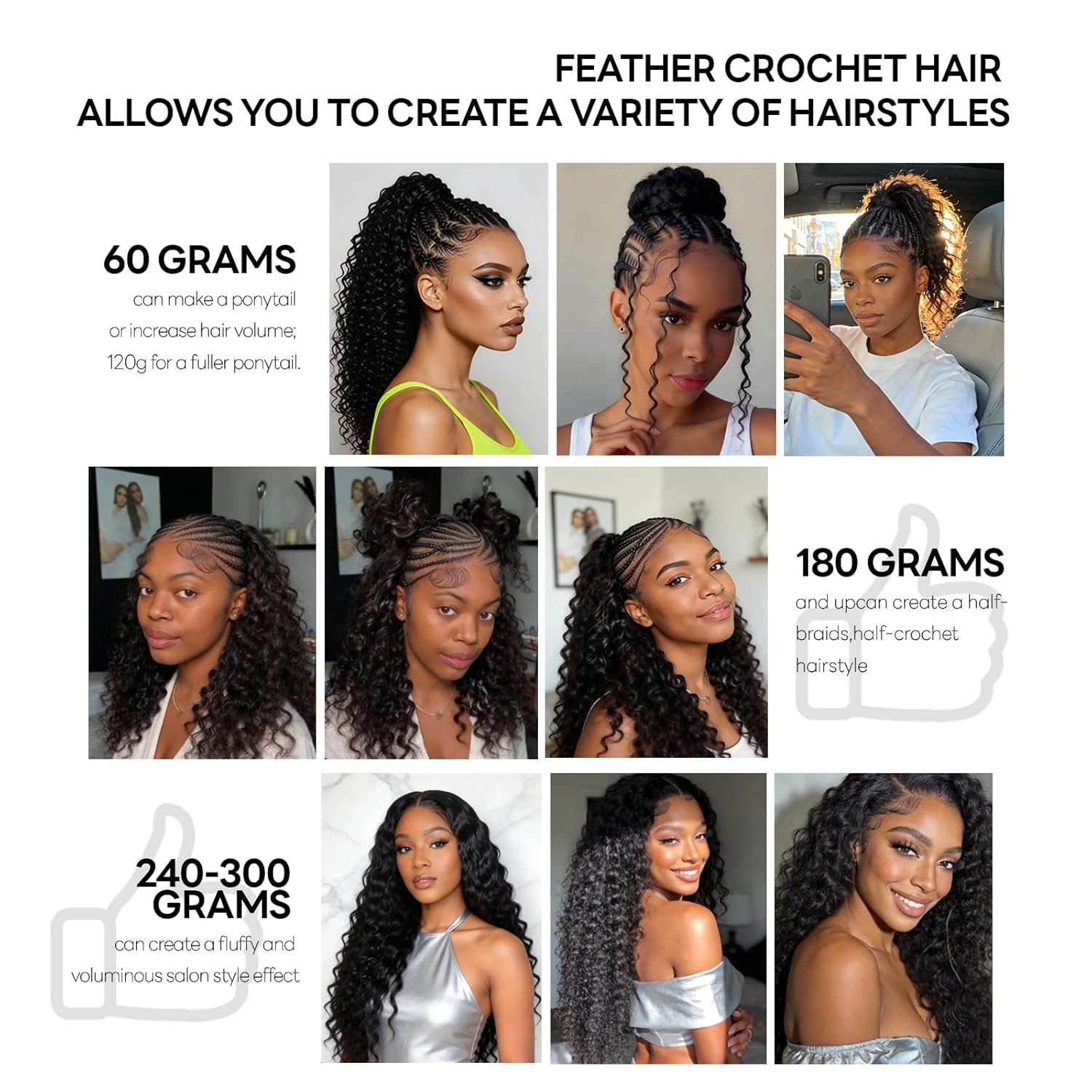 Burmese Curly Crochet Human Hair 16 Inch 60g Knotless Pre-Separated Feather Human Hair Crochet Bundles Lightweight Reusable Virgin Hair Extensions for Women Natural Black