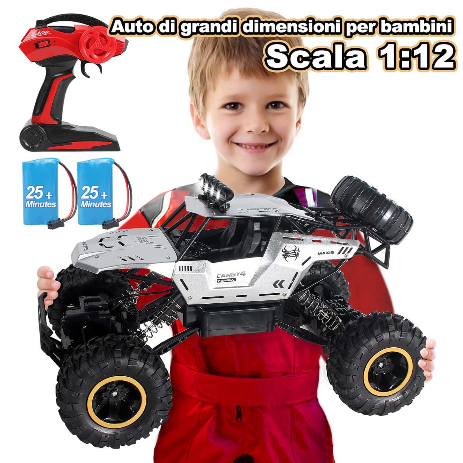 Jiakora 1:12 Grande Macchina Telecomandata per Bambini, 2,4 GHz RC Auto Monster Truck, 4WD Camion Auto Telecomandato con luce LED, 2 batterie, RC Cars Natale Compleanno Regalo per ragazzi dai 3 anni