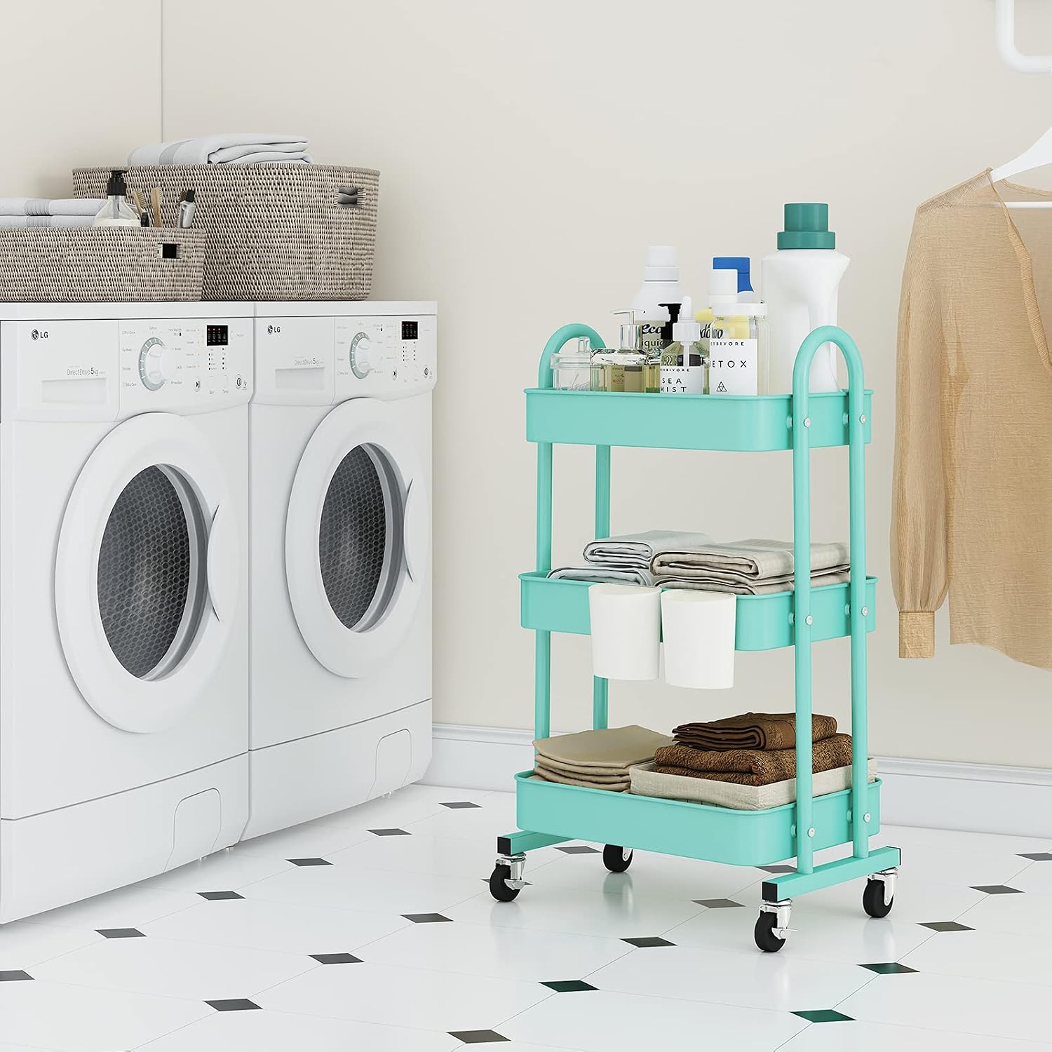LEGUANG 3-Tier Rolling Utility Cart Storage Shelves Multifunction Storage Trolley Service Cart with Mesh Basket Handles and Wheels Easy Assembly for Bathroom, Kitchen, Office (Blue)