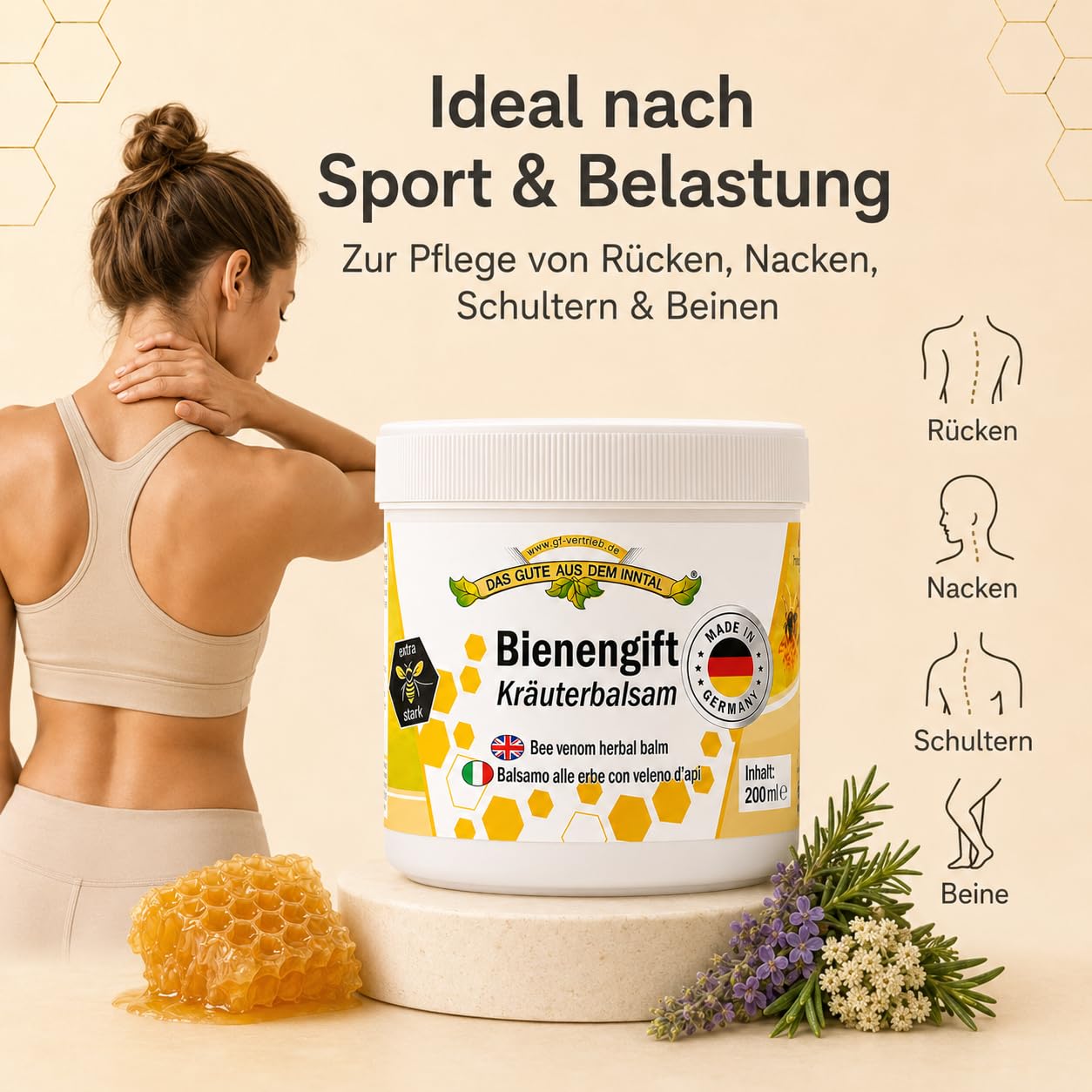 Bienengiftsalbe 200ml - Pflegecreme Kräuterbalsam extra stark - Wärmend & kühlende Bienencreme mit 12 Pflanzenextrakten, Menthol & Avocadoöl - Bienengift nach Sport & Belastung
