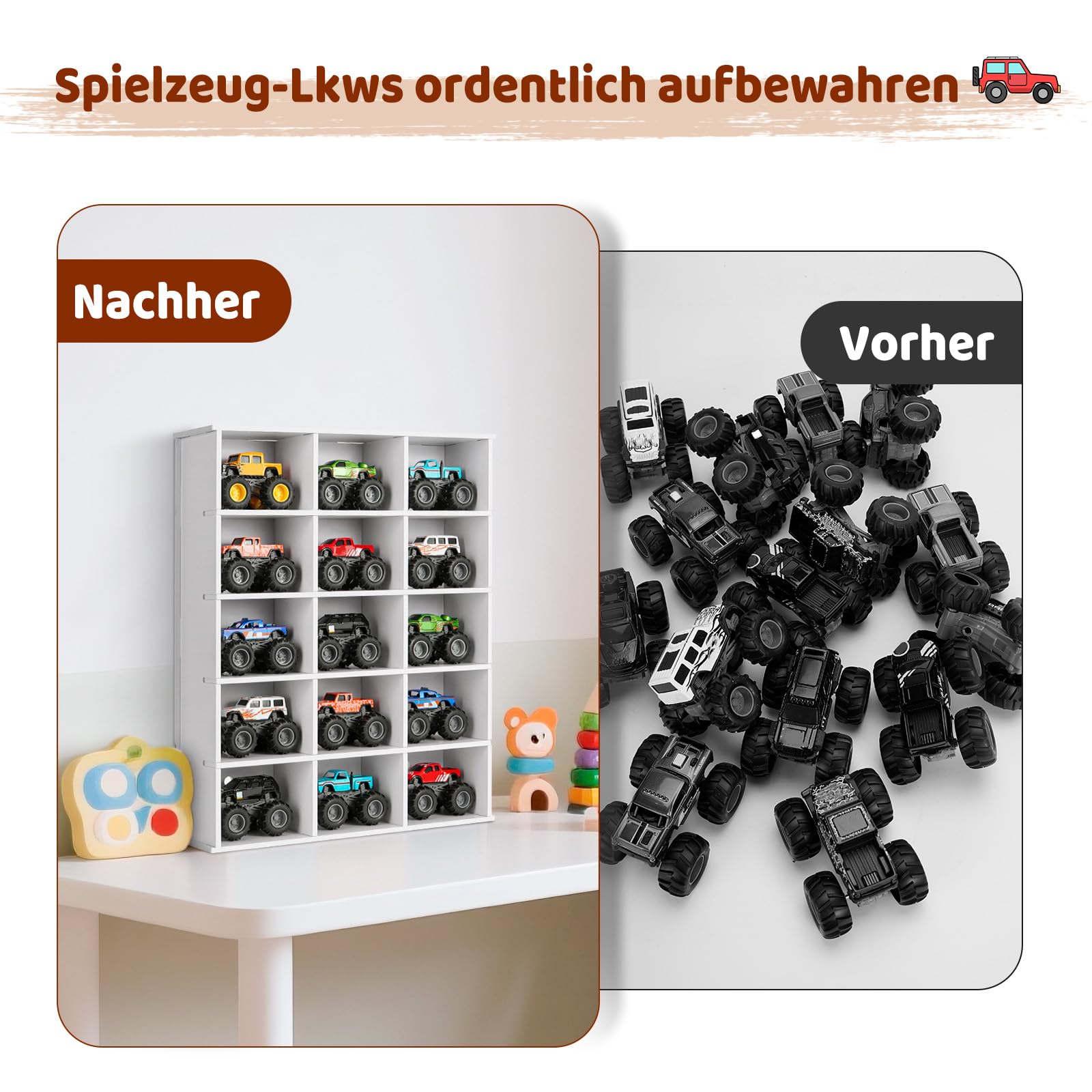 Krafetto Monster Truck Schaukasten mit 15 Fächern, Spielzeugauto Aufbewahrung und Display-Regal für Monster Trucks und Modellautos, Wandregal/Standregal fürs Kinderzimmer, Weiß 2 Stück