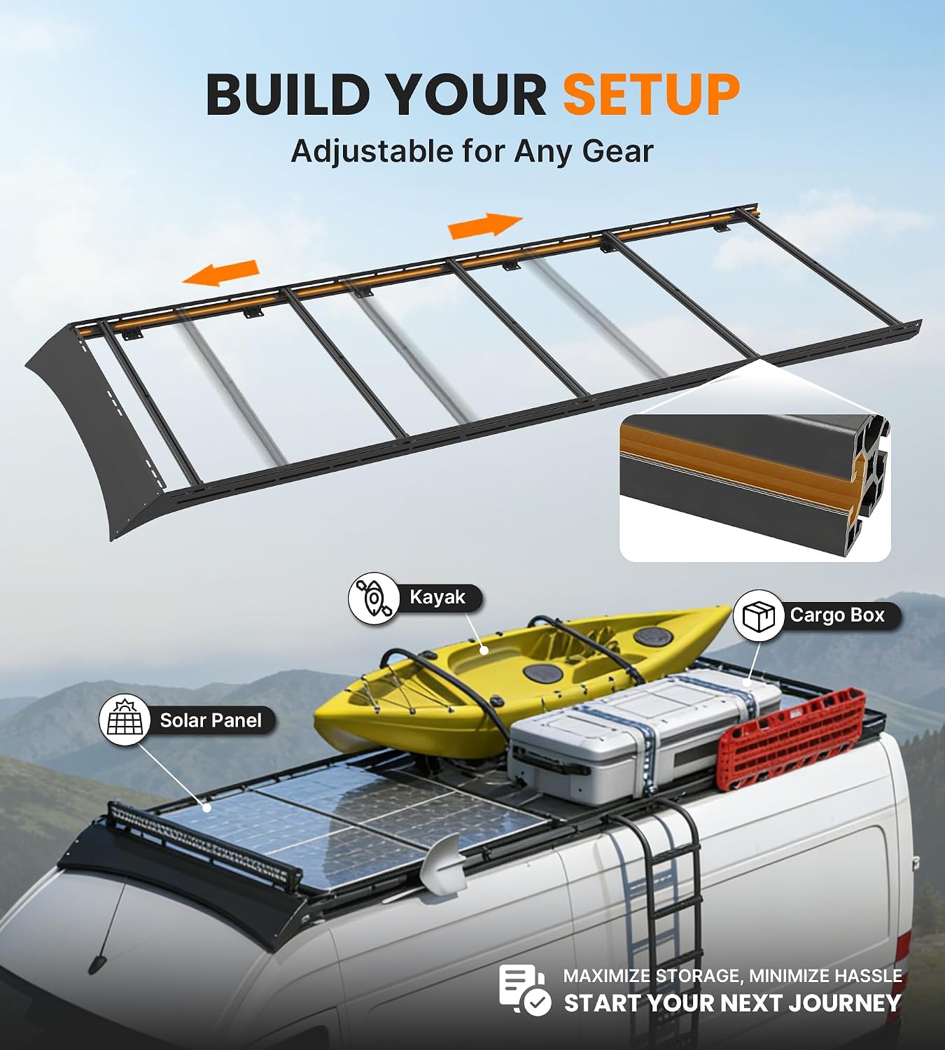 MELIPRON Van Roof Rack Fit for 2007-2026 Mercedes-Benz Sprinter 170" WB High Roof, Aluminum Camper Rack with Wind Fairing, T-Slot Crossbars for Solar Panels, Awnings, 300lb Dynamic/500lb Static