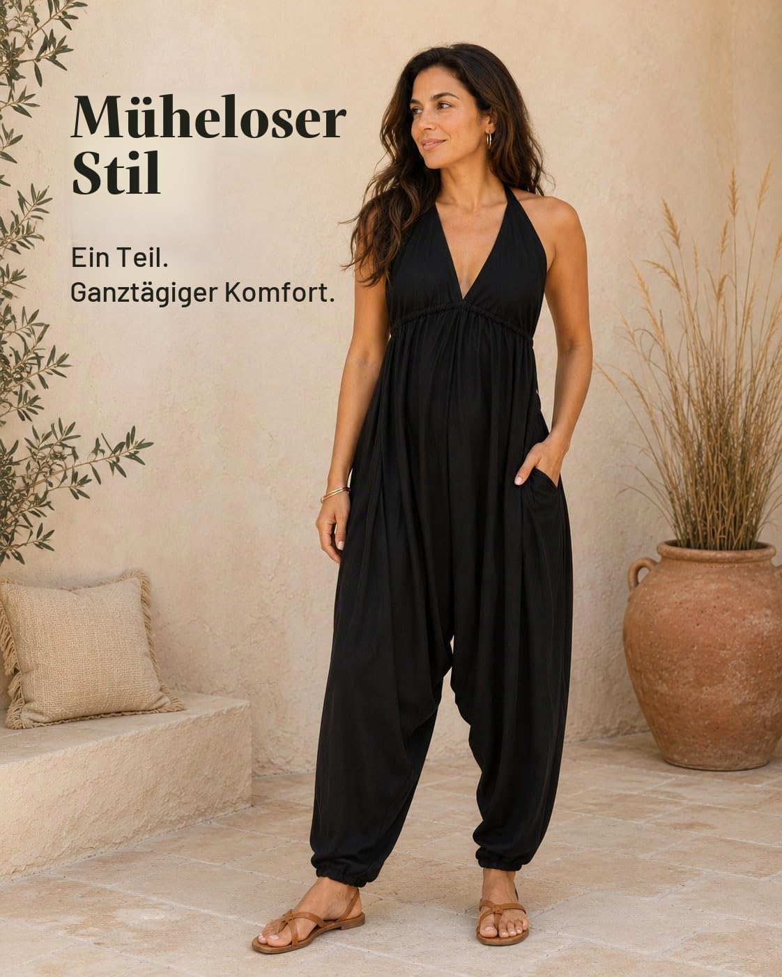 likemary Jumpsuit Damen Sommer – Luftiger Neckholder Overall mit Taschen – Boho Einteiler Damen mit Rückenausschnitt – Romper Damen Sommer Outfit
