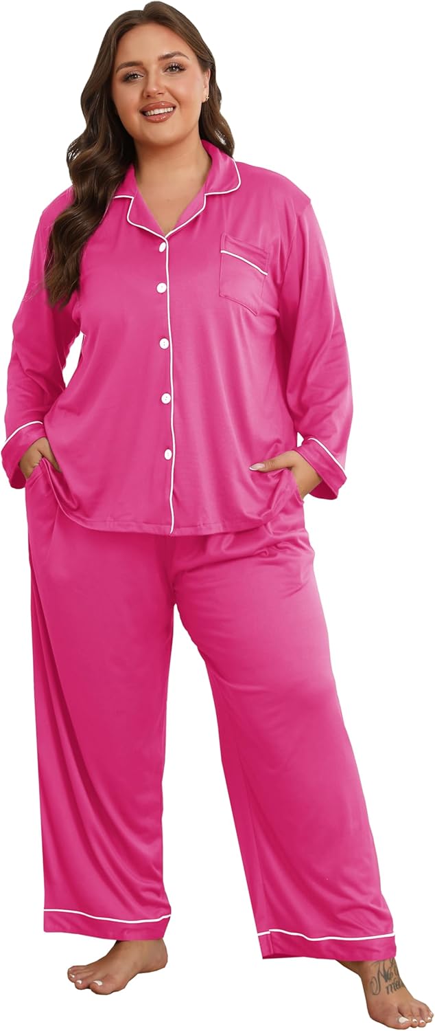 Vozanet Women's Plus Size Pajama Set Button Down Long Sleeve and Pants Lounge Sets with Drawstring and Pockets Sleepwear