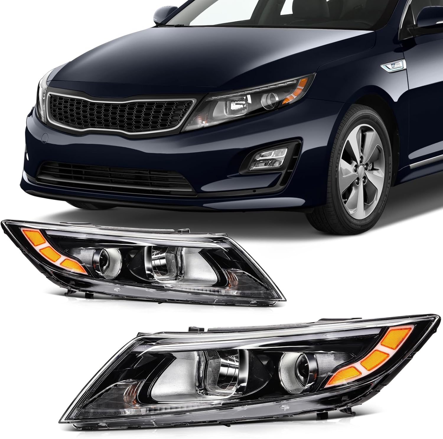 SCITOO Headlight Assembly Fit 2014-2015 for Kia Optima Pair Headlamps Black Housing Amber Reflector 921014C500
