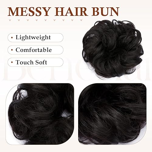 Miniatura 9 de Benehair Moño desordenado, pieza de pelo recogido para mujer, esponjoso, ondulado, moño con dona, moño sintético con banda de goma elástica, color