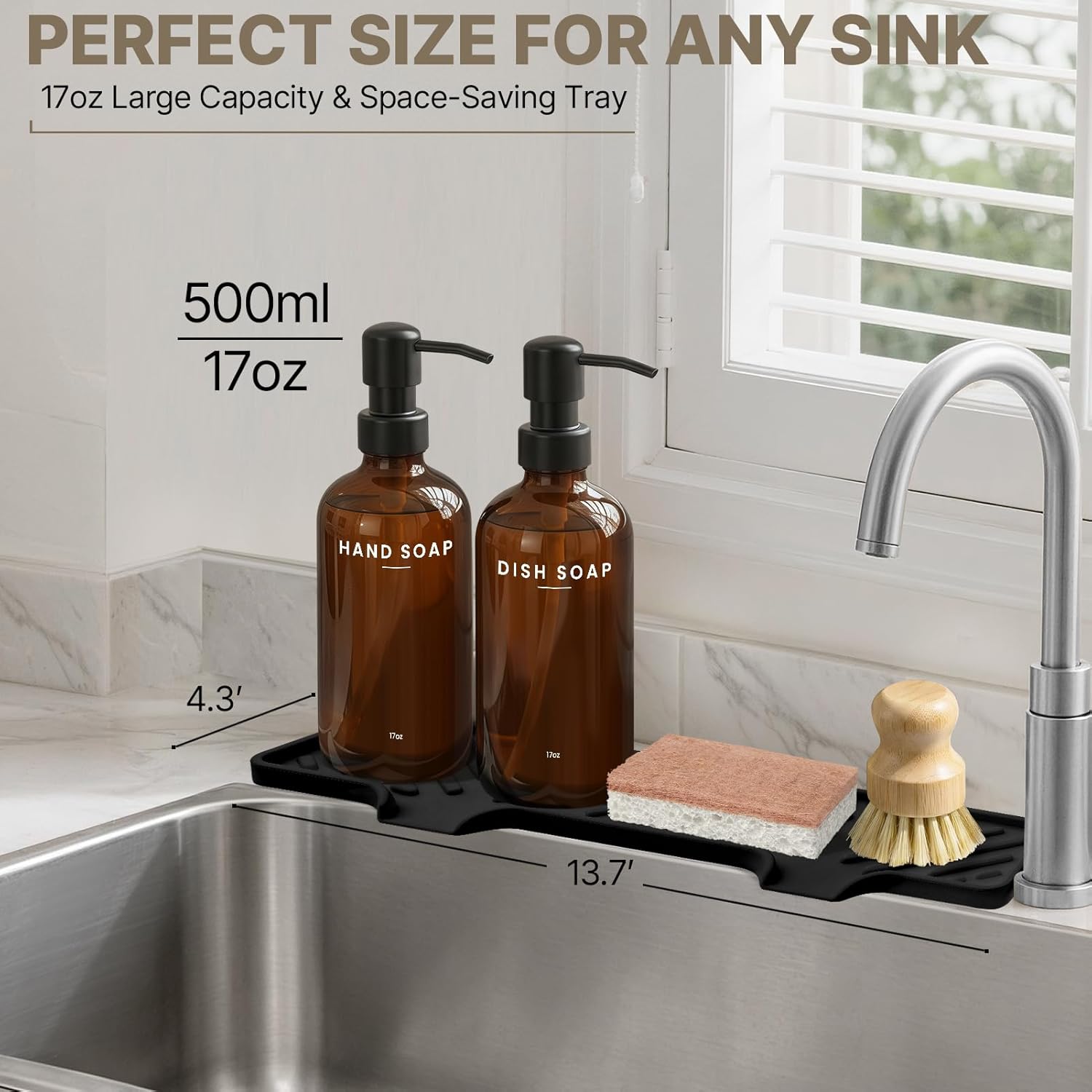 Kitchen Soap Dispenser Set with Self Draining Silicone Tray, Brush, Sponge