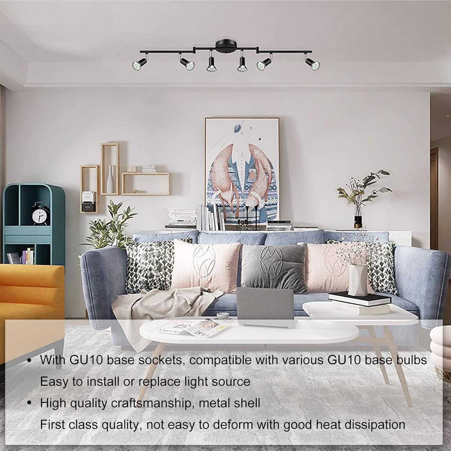 Yosoo 6 Way Ceiling Spotlight GU10 Base Socket, Track Lighting Kit Rotatable Lamp Head, can be Tilted 90°, Adjustable Lighting Angle, for Showrooms, Exhibition Halls, Cafes,