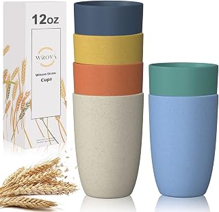 Wrova Wheat Straw Reusable Cups 6-Pack 12oz Unbreakable BPA-Free Tumblers Dishwasher Microwave Safe Eco Alternative to Plastic
