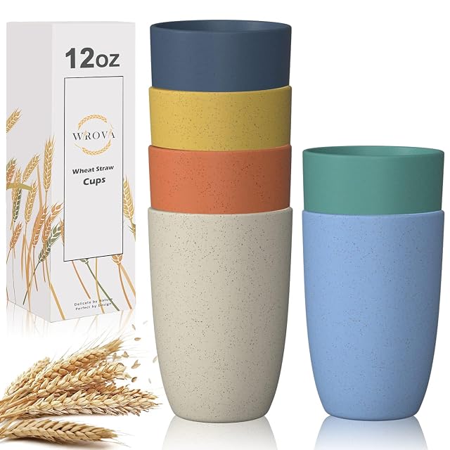 Wrova Wheat Straw Cups 6 PCS Good Alternative to Plastic Reusable Cups 12 oz Unbreakable Drinking Cup Reusable